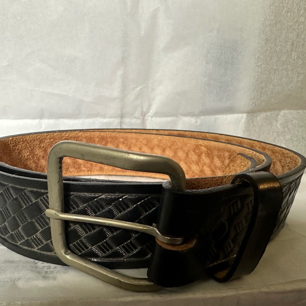 Vintage black leather, embossed basket weave cowboy belt made in the USA